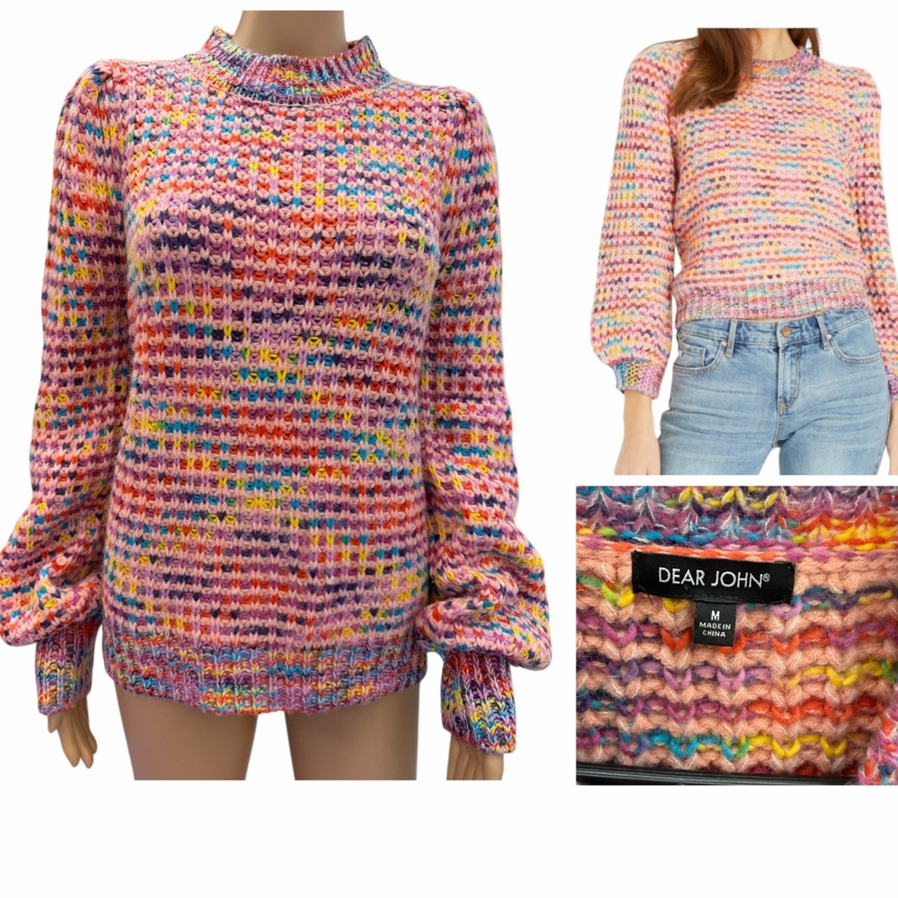 Dear John Puff Sleeve Multicolor Knit Sweater Womens Medium